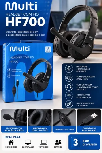 Headset Multi HF700 USB com Microfone e Controle no Cabo