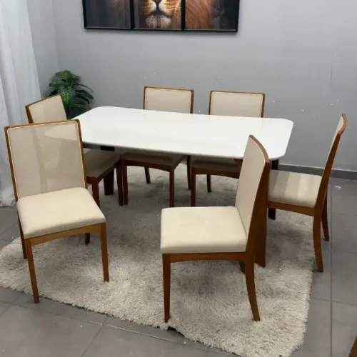 Mesa de Jantar Agata 180x90cm com Vidro e 6 Cadeiras Lara Kappesberg em Linho Madeira Lj M