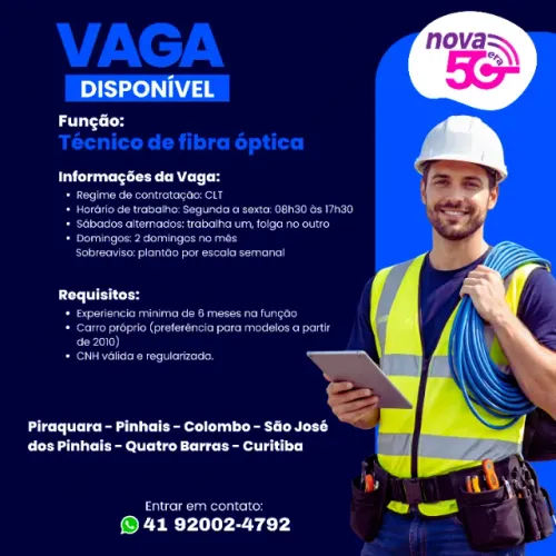 VAGA: TECNICO DE FIBRA OPTICA - NOVA ERA TELECOMUNICACOES