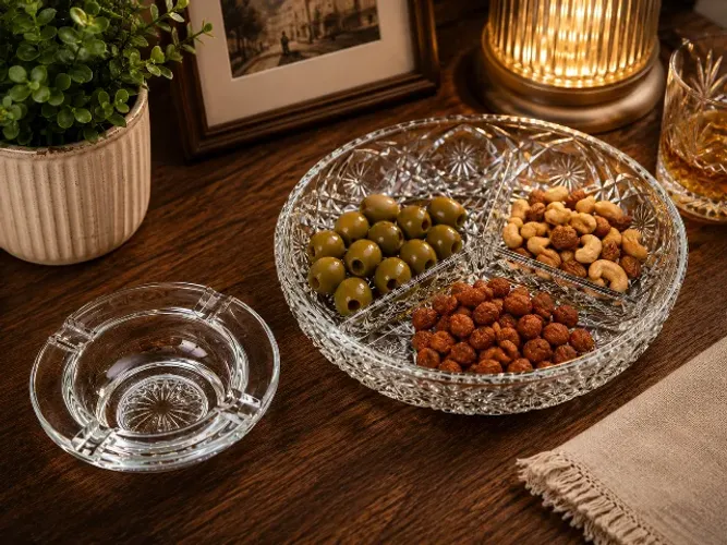 Kit Vintage em Vidro - Petisqueira Dividida + Cinzeiro Antigo Decoração e Coleção