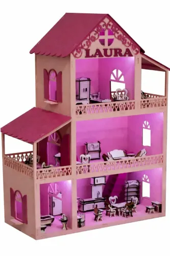 Casinha de Boneca Lilás e Pink em MDF 36 Móveis + Parquinho + Led