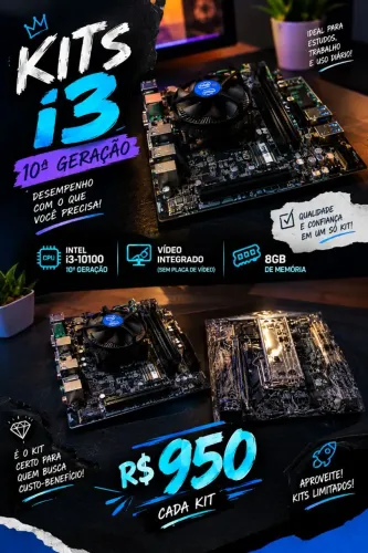 ? **KITS i3 10ª GERAÇÃO**<br>i3-10100 ? Vídeo integrado ? 8GB RAM<br>? **R$ 950 cada** ?<br>