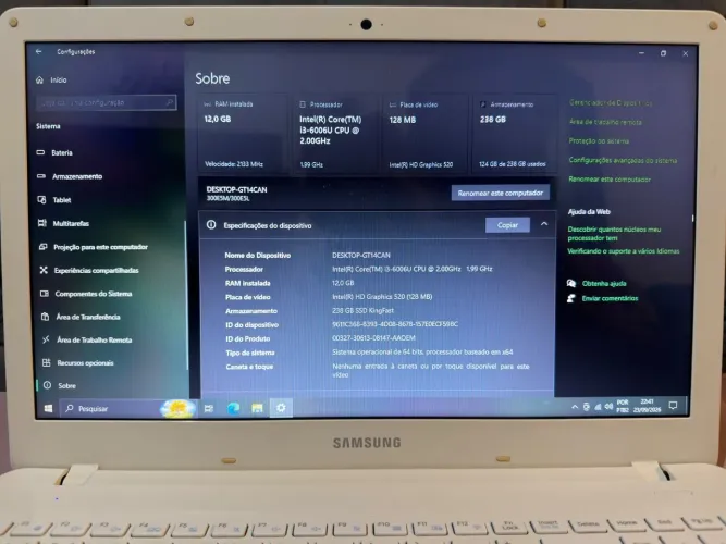 Notebook Samsung i3 6ª geração, 12GB RAM, SSD 240GB, tela 15,6"