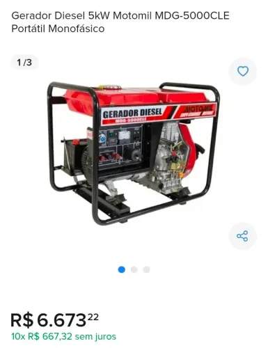 Vendo Gerador Motomil Diesel 5kW Motomil MDG-5000 Portátil Monofásico