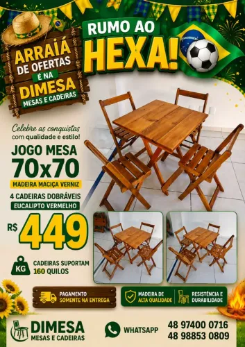 ? Jogo de Mesa 70x70 com 4 Cadeiras Dobráveis em Madeira Maciça (Com Verniz)
