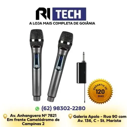 Microfone Sem Fio Duplo UHF 60MHz Recarregável Alcance 50m