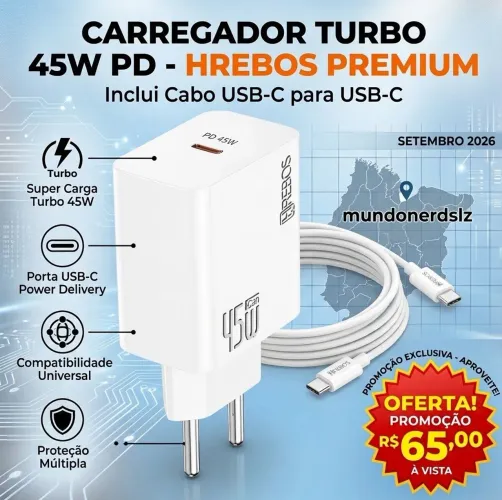 Carregador Turbo 45W USB-C com Cabo Tipo C para Tipo C, Branco - Hrebos