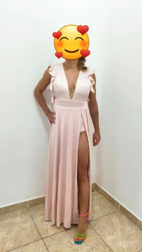 Vestido longo festa, rosa claro, tam P, tecido leve, decote e fenda