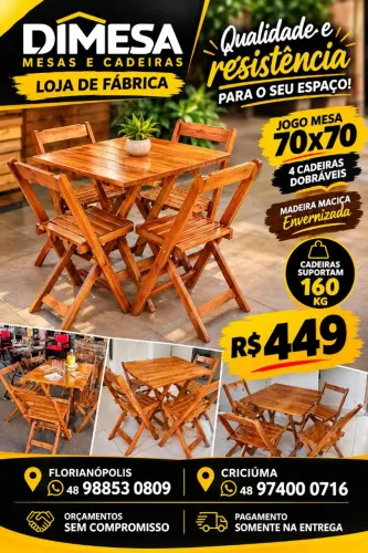 Conjunto envernizada mesa 70x70 com 4 cadeiras dobráveis madeira maciça