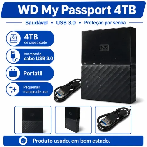 HD Externo WD My Passport 4TB USB 3.0 ? Saudável, com Proteção por Senha