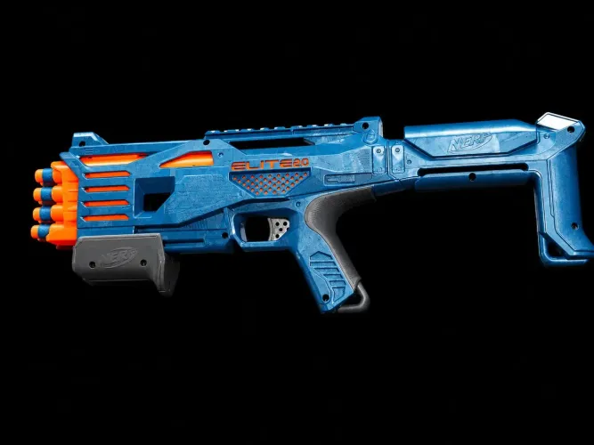 Lançador de Dardos Nerf Elite 2.0 Tetrad QS-4 da Hasbro em azul e laranja.