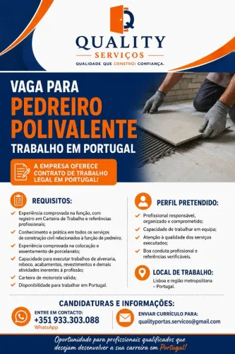 Vaga para Pedreiro polivalente - Trabalho em Portugal 