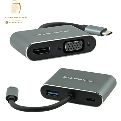 Adaptador Hub C Tomate 4 X 1 Hdmi Vga Usb 3.0 Pd 87w Mtv-728 Prateado NOVO