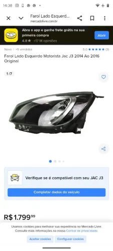 Farol jac j3 2015 lado direito original novo 