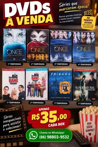 Box de DVD das séries supernatural, friend, the big bang e oncebupon as time