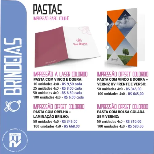 Pastas Impressão Papel Couchê porta documentos com bolso, orelha