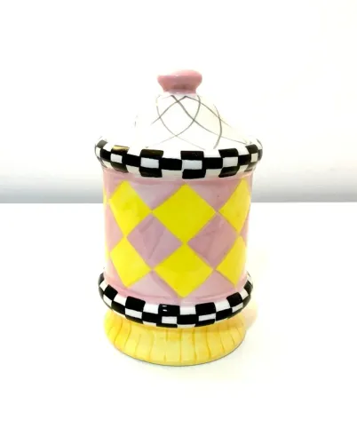 Antigo pote de farmácia em porcelana com decoração policromada de geométricos