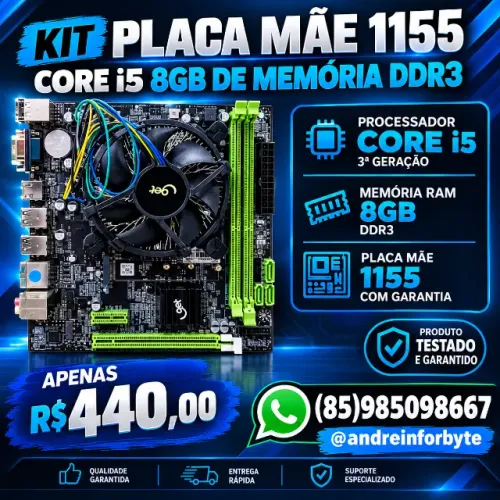 Kit Novo Placa mãe 1155 Core i5 8Gb de Memória Ddr3