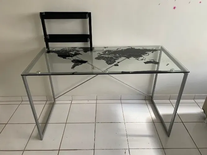 Escrivaninha grande 1,3cm De Ferro Com Vidro E Mapa Mundi
