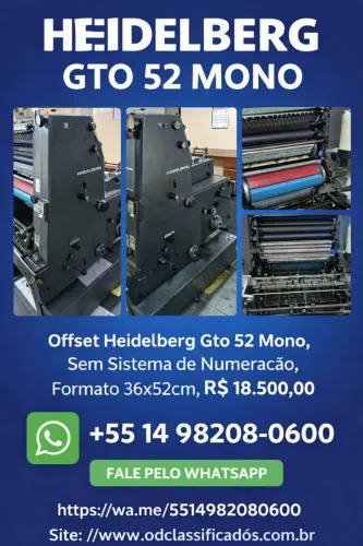 46 Offset Heidelberg Gto 52 Mono, Sem Sistema de Numeração, Formato 36x52cm, R$ 18.500,00