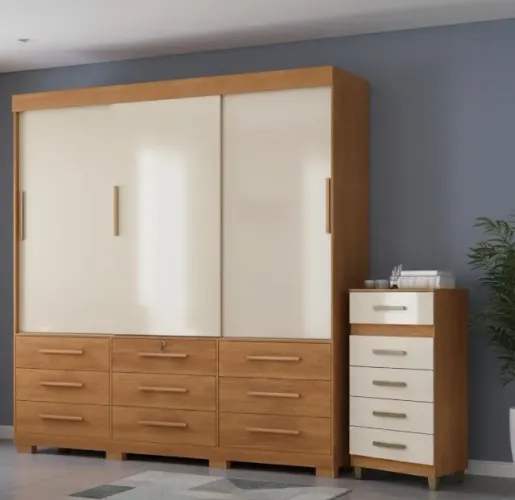 Conjunto Quarto Completo com Roupeiro Deslizante e Cômoda 14 Gavetas