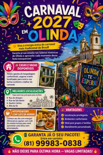 Casa, vagas e serviços para Alugar no Carnaval 2026 - Olinda/PE 