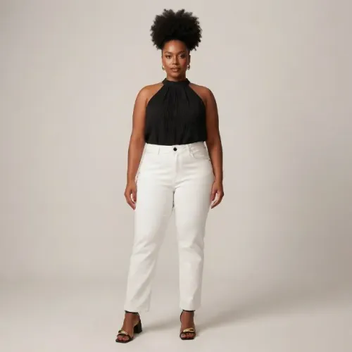Calça Feminina Branca Sarja Reta Cintura Alta 2 Bolsos Sawary Semi Nova Original