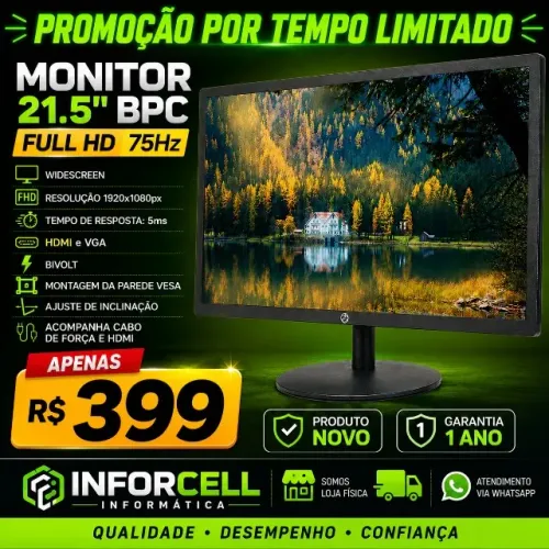 Monitor Led 21.5 BPC Full HD 75Hz Preto 75Hz