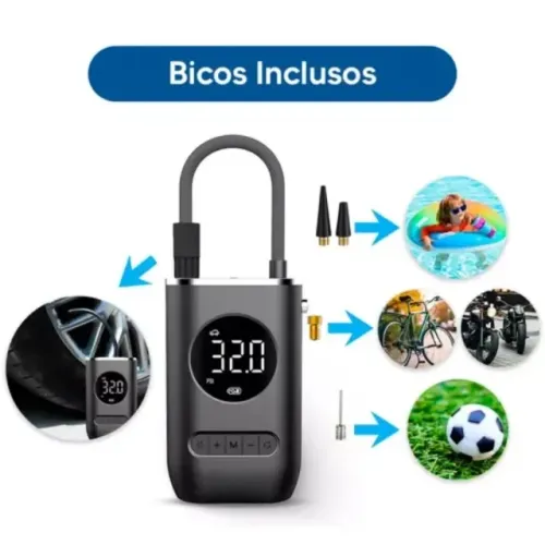 Mini Compressor Portátil Recarregável Calibrador de Pneu