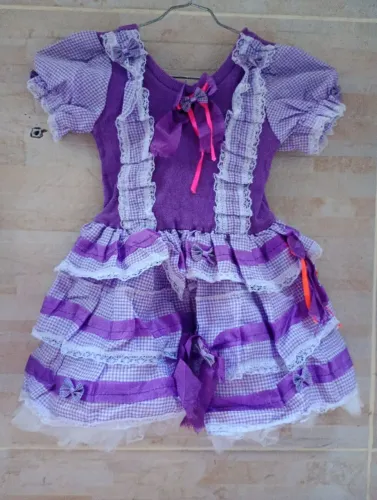Vestido Infantil Festa Junina Caipira Roxo e Xadrez - Saia Rodada