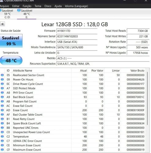 SSD 128gb lexar funcionando perfeitamente
