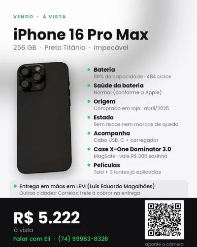 iPhone 16 Pro Max 256GB Preto Titânio - Impecável + case X-One e películas