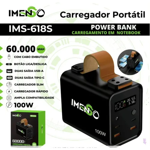 Power Bank Imeno 60.000mAh 100W - Carrega Notebook e Celulares (Novo)