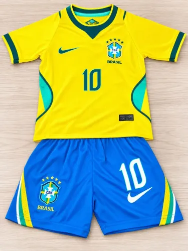Conjunto Infantil Seleção Brasil Pedro Nº 10 - Camisa + Short Amarelo e Azul