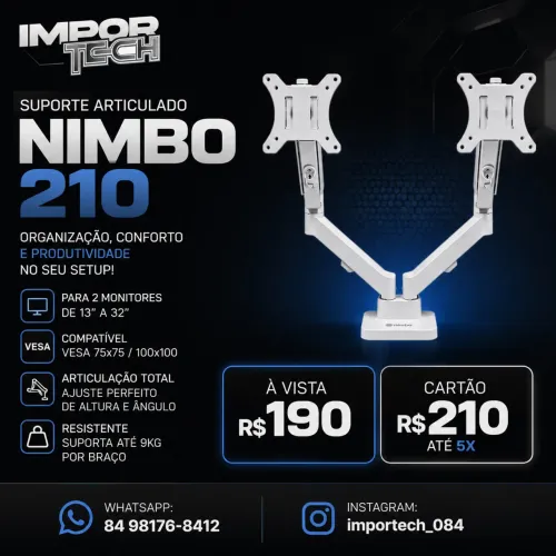 Suporte Articulado Para 2 Monitores 13P a 32P Pistão a Gás.