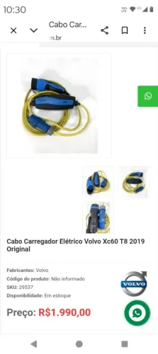 Cabo carregador elétrico Volvo TB 2019 original acompanha tomada