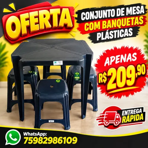 Conjunto mesa com banquetas plásticas - Oferta