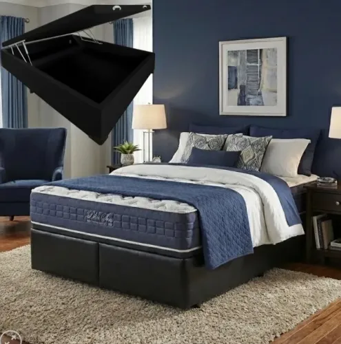 COLCHÃO QUEEN BLUE SEA D28 + BASE BOX BAÚ CORINO PRETO ANJOS COLCHÕES + ALTO NÍVEL CAMAS E