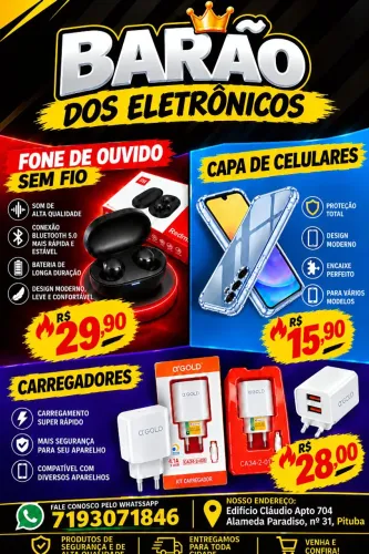 Fones de ouvido sem fio ,Carregadores rápido, capas de celulares e caixas de som
