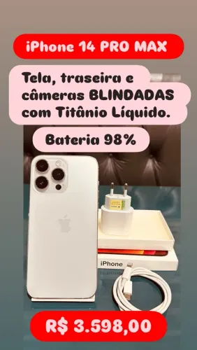 iPhone 14 PRO MAX Novo Tela e Traseira Com Blindagem Titânio, Bateria 98% Carregador Cabo
