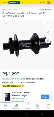 Cubo Traseiro Vzan Boost HG 28F 12x148 12v Disco 6 Furos