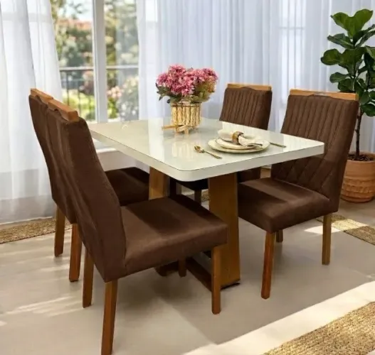 Conjunto Dubai 4 Lugares com Base em X e Vidro