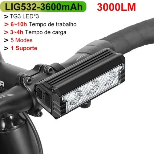 Farol Bike 3000 lúmens Frontal Alumínio Luz de Bicicleta Super Forte Recarregável 3600mah