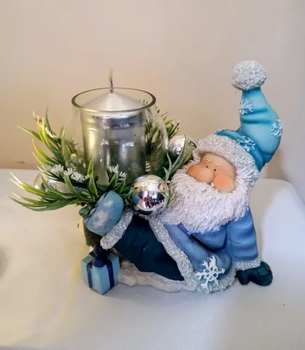 Boneco Papai Noel Azul de resina + vela