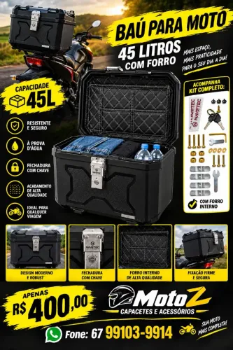 Baú moto 45L. Com forro interno, encosto. Resistente. Novo!