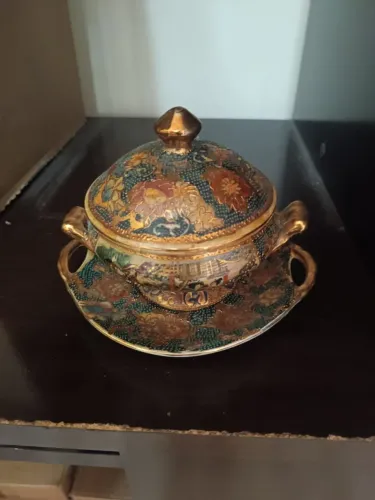 Peça decoração Chinesa Vintage Decorativa com Tampa e Bandeja