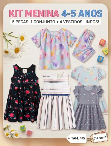 Kit 4 Vestidos + 1 Conjunto Infantil Feminino (Tam 4/5) - Impecável
