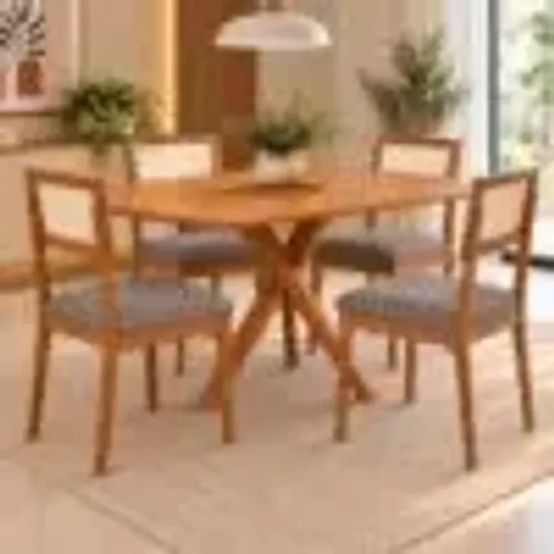 Mesa de Jantar Raiban S/Vidro 1.30 C/4 Cadeiras em Linho Cinza Grafite l64 S