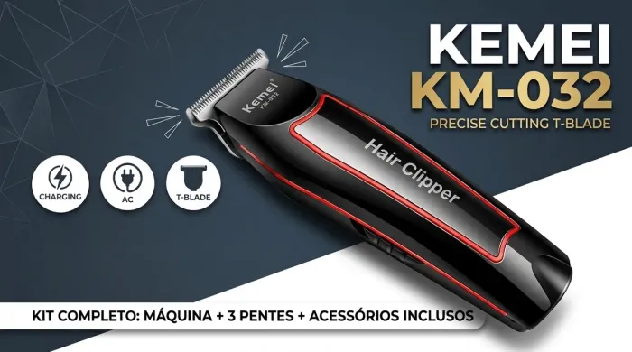 Máquina de Acabamento Kemei KM-032 Sem Fio Bivolt + 3 Pentes