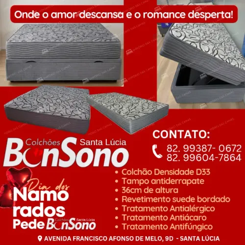 Cama casal R$ 1.797 ou solteiro R$ 1.299 Base baú e colchão D33 Bonsono 